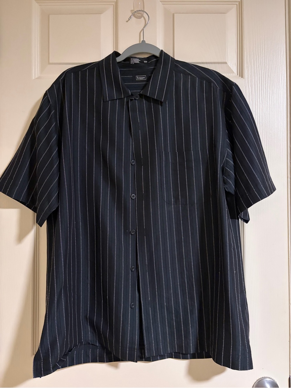 Men’s Black Short-Sleeve Button-Down Shirt with White Pinstripes